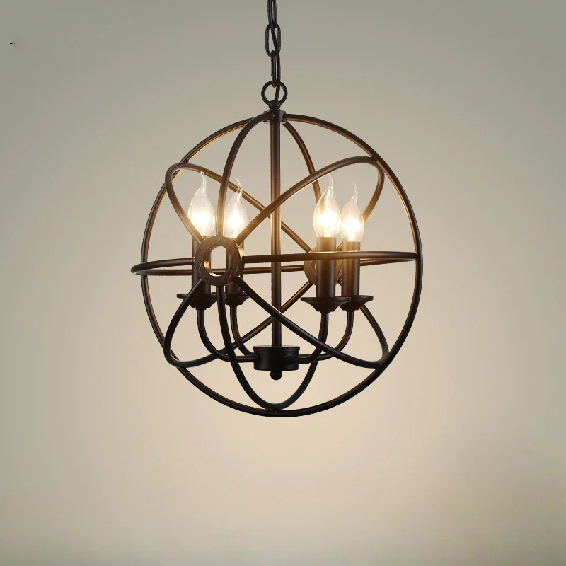 

American Industrial Loft Candle Chandelier Vintage Round Iron Cage Hang Lamps for Restaurant Bar Clothing Store Lighting Decor