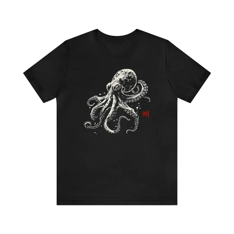 Japanese Octopus Tee Kanji Street Wear Graphic Shirt Unisex Marine Life T-Shirt Design for Men