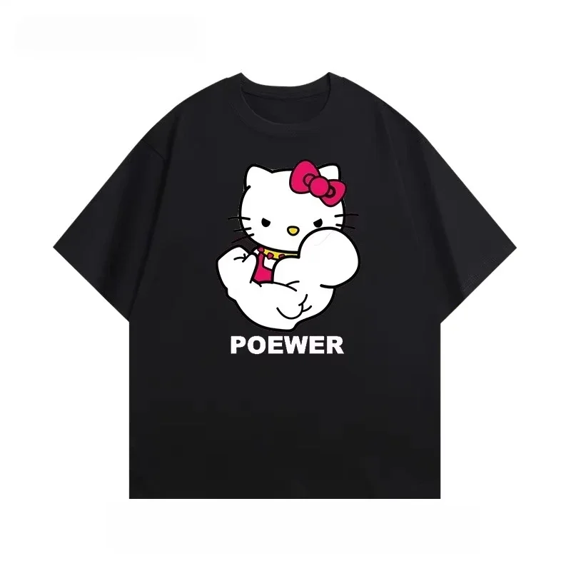 Fitness Muskel Hallo Kitty Cartoon Gedruckt Baumwolle Kurzarm T-Shirt Blume Damen Sommer Mode Lose Casual Vielseitig Top