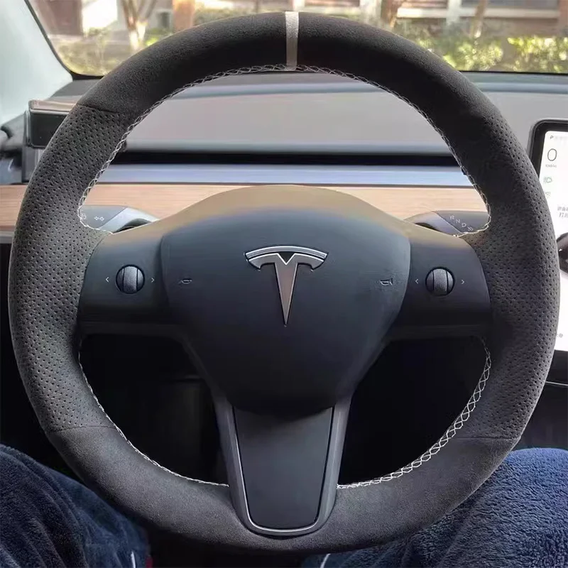 Pelle scamosciata per Tesla Model 3 Model Y Cucito a mano Coprivolante per auto Guscio protettivo Accessori interni per auto Grigio antracite