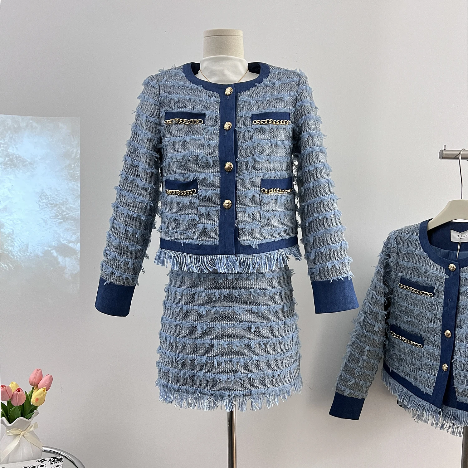 Primavera autunno nuova gonna vestito donna elegante Patchwork coreano moda piccolo cappotto + minigonne Casual Office Lady Set 2 pezzi