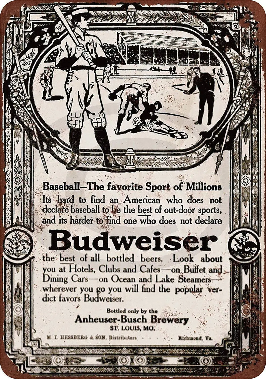 

Isaric Tin Sign 1910 Budweiser Beer & Baseball Reproduction Metal Sign tin 8 x 12