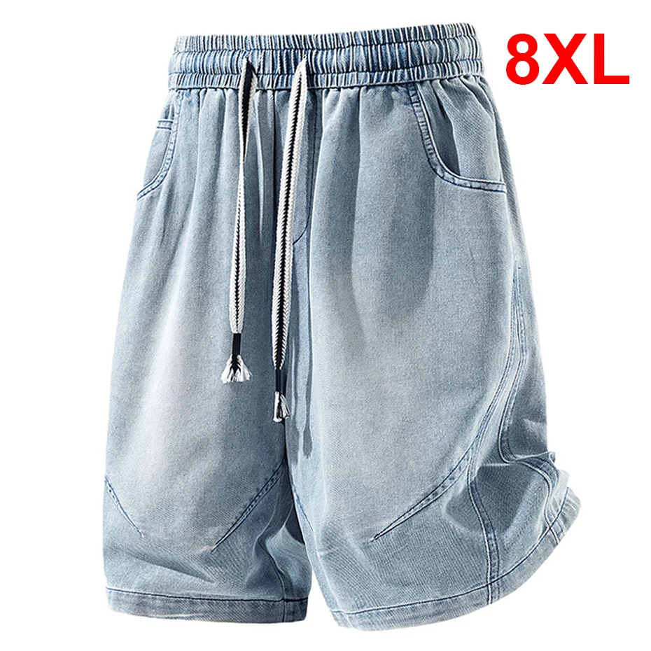 

Plus Szie 8XL Denim Shorts Men Summer Elastic Waist Jeans Shorts Baggy Cargo Shorts Fashion Streetwear Short Pants Male Big Size