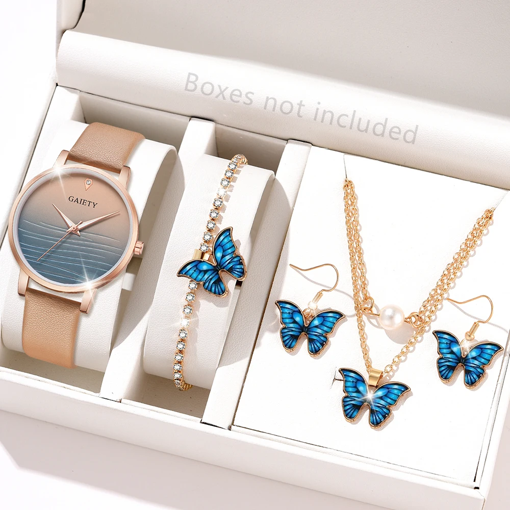 Elegant Brown Five Piece Round Head Watch Quartz Watch Blue Love Alloy Accessory Set Women's Watch Accessory Set