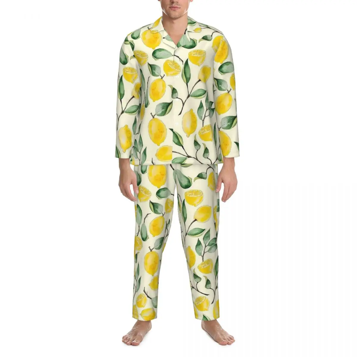 Pajamas Man Fruit Print Daily Sleepwear Watercolor Lemon 2 Pieces Loose Pajama Set Long Sleeve Cute Soft Oversized Home Suit