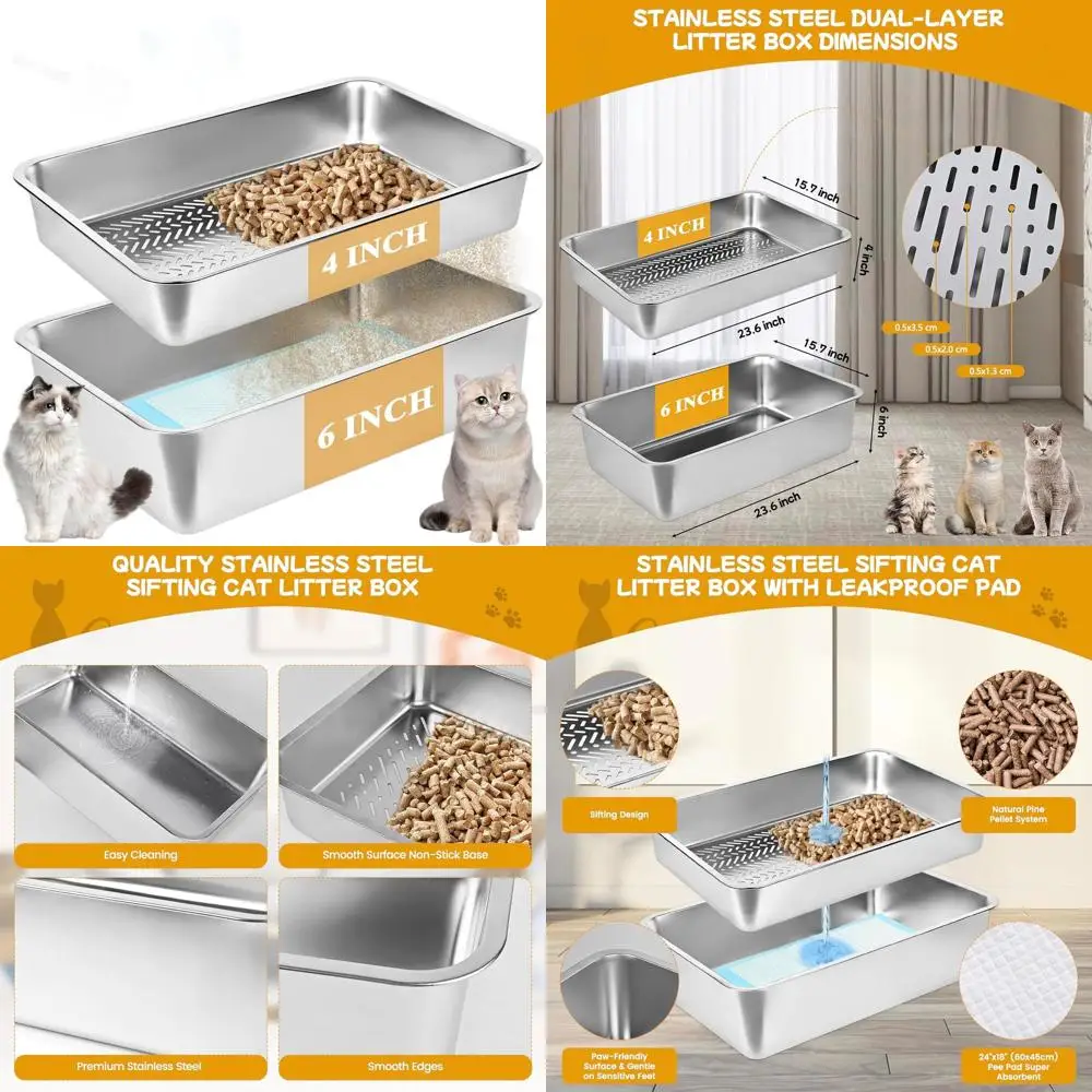 

Extra Large 23.6x15.7x6 Stainless Steel Litter Box for Cats, Ideal for XL Cats or Pine Pellets, Easy Clean with Scoop & Pee Pad