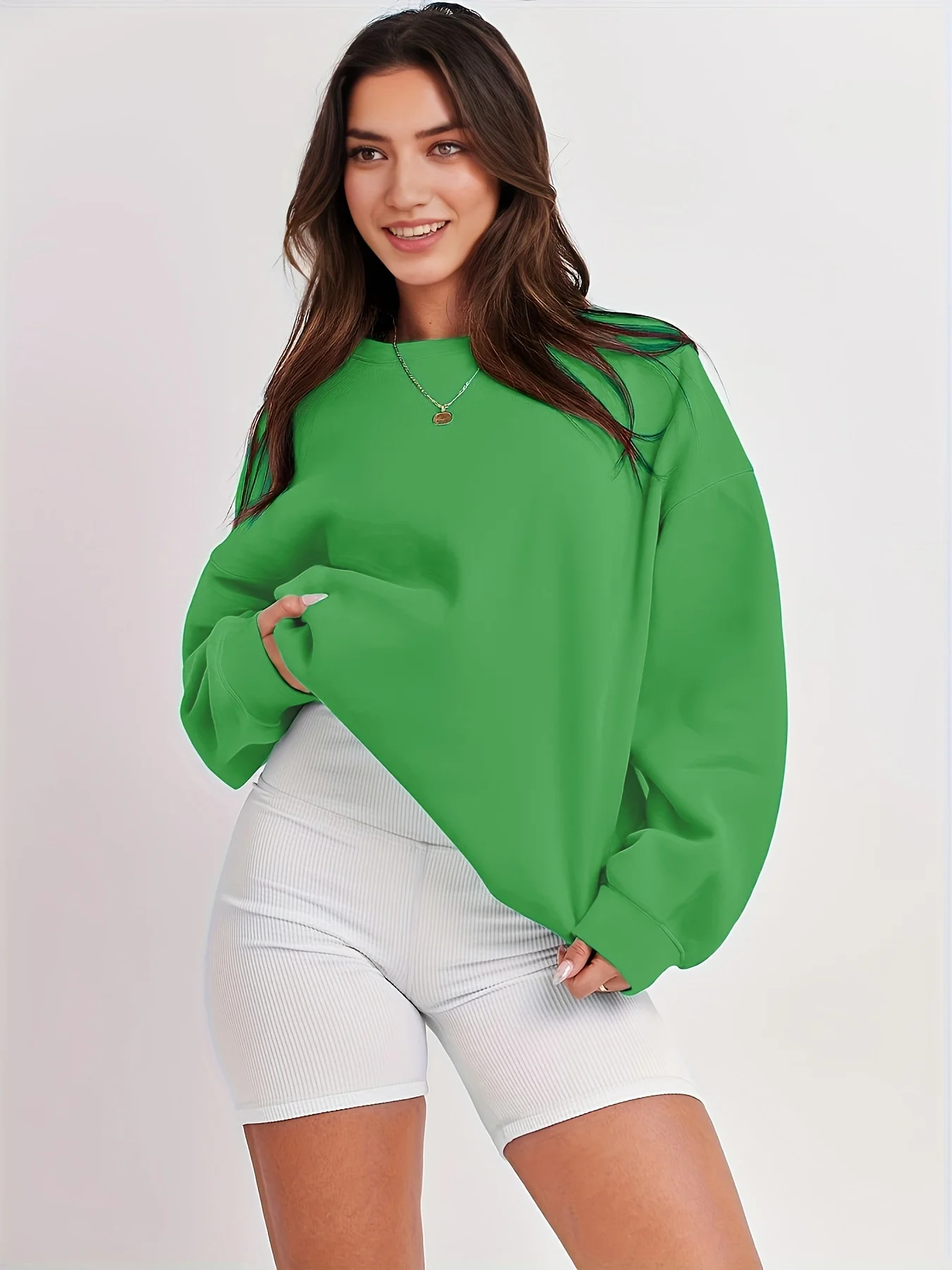 plus size European and American cross-border new oversized women\'s loose solid color hoodie long sleeved round neck pullover top