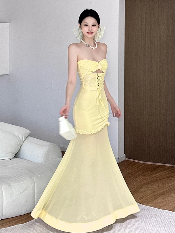 WEIRD PUSS Fre citron doux odeur sangle conception fleur creuse embelli Tube Dr mince Long Dr taille haute une épaule