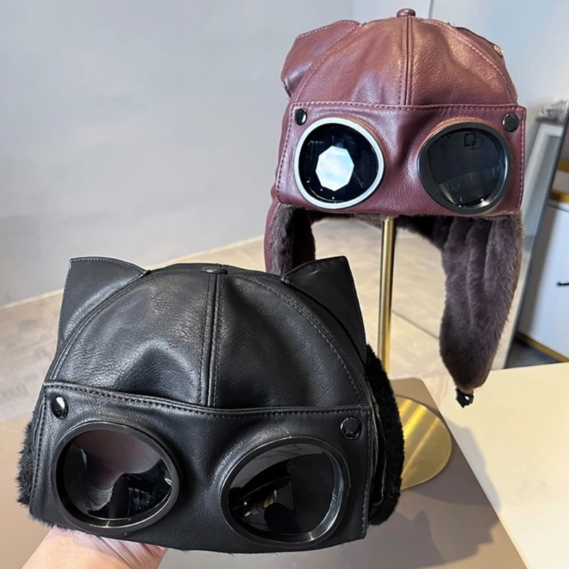 Hat with Attached Decorative Eyewear, Plush-Lined Interior, Extended Side Panels and Wind-Resistant Shell Y08E