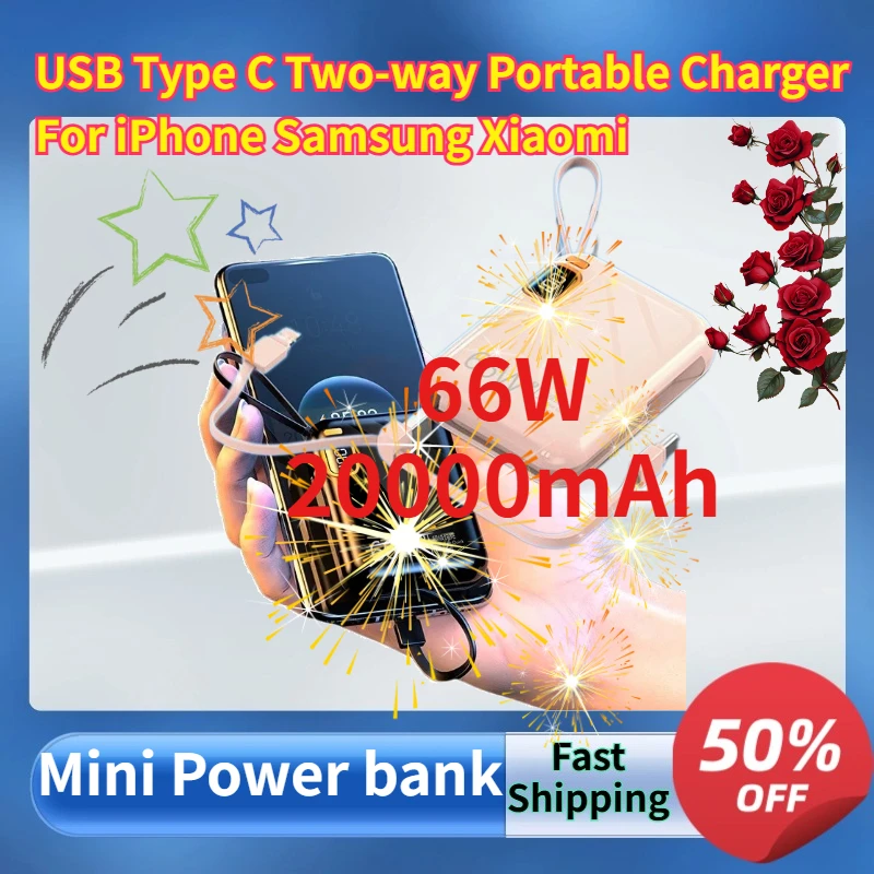 

66W Fast Charging Mini Powerbank 20000mAh High-Capacity USB Type C Two-way Portable Charger for iPhone Samsung ﻿Xiaomi