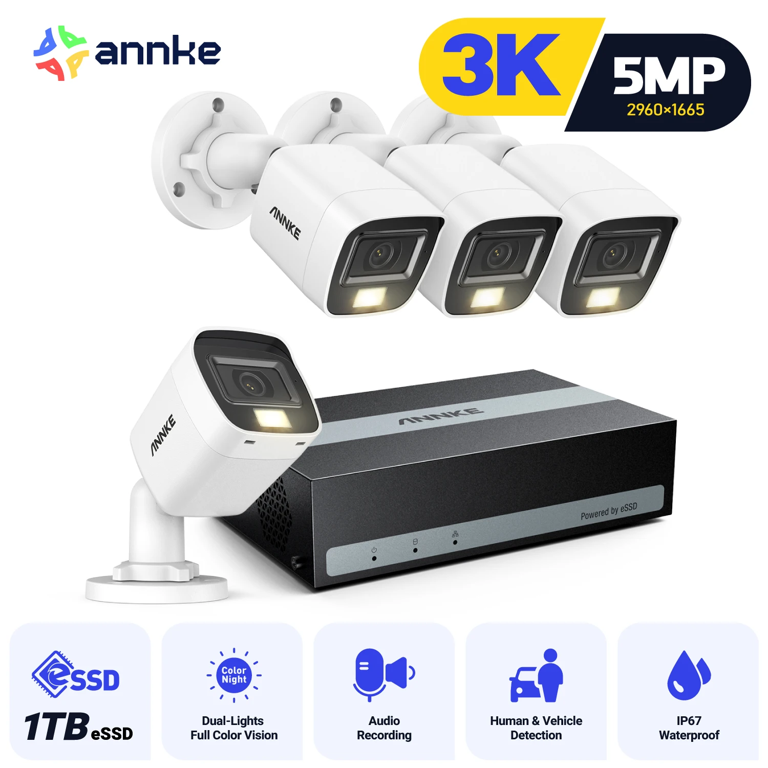 

Annke 3K Cameras Video Security Surveillance Color Night HD Camera Audio Recording Smart Motion Detection Waterproof CCTV Kit