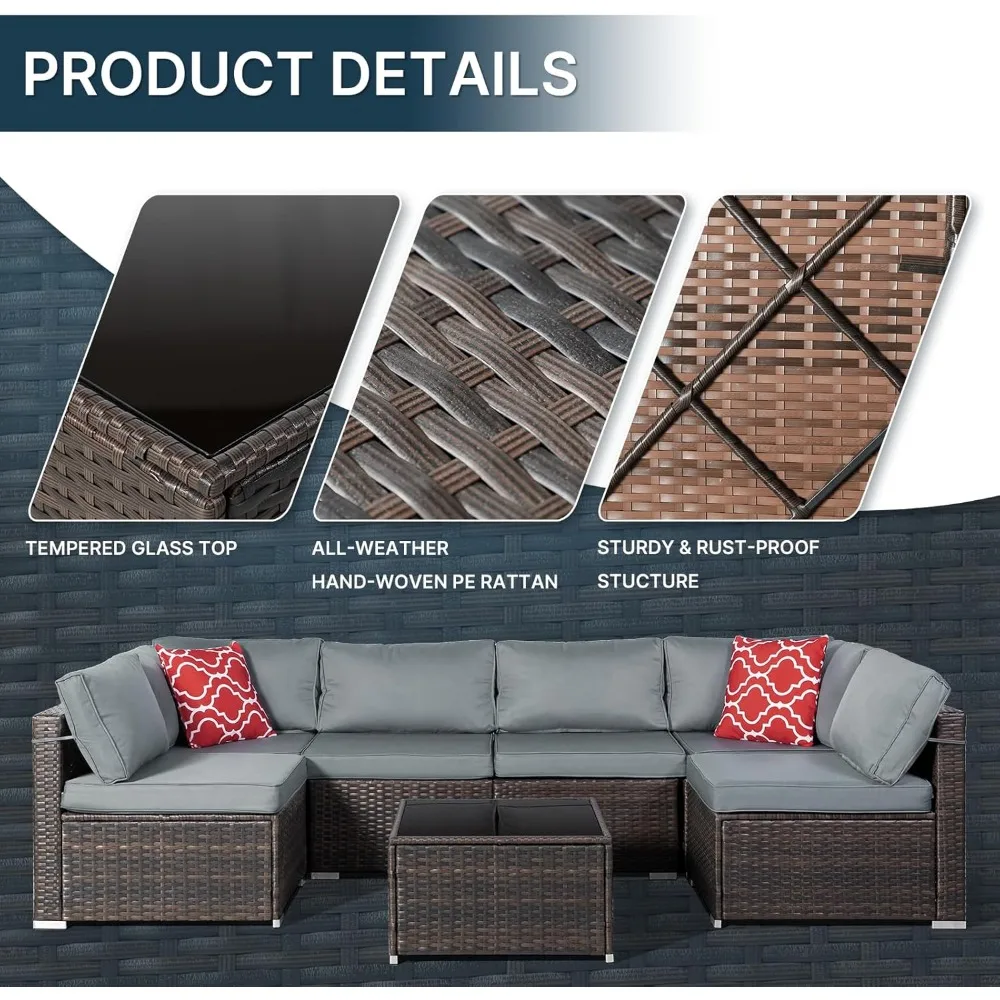 

7-Piece Patio Set: All-Weather PE Wicker Sectional Sofa & Coffee Table - Garden & Backyard Furniture Set​
