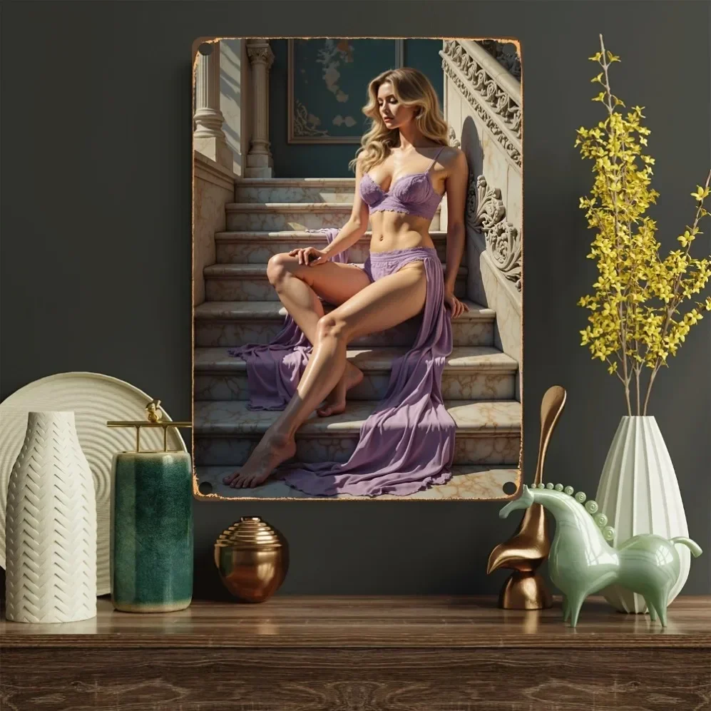 Purple 2D Metal Wall Art 8x12 Inch, Staircase Design Metal Sign for Home Bar Office Garden Decor