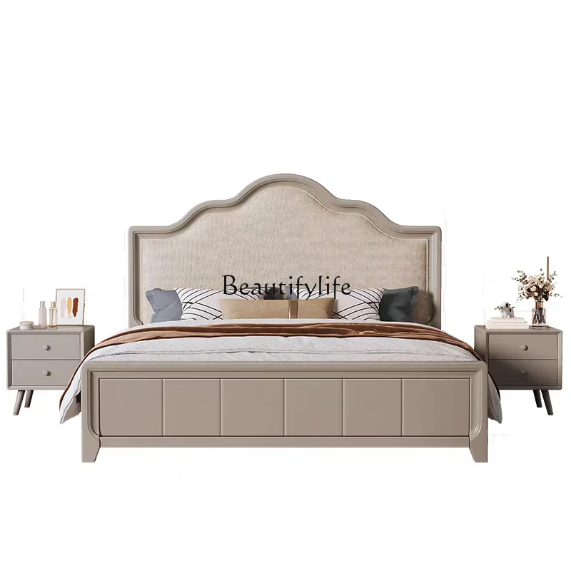 FG10American light luxury cream style simple solid wood bed bedroom modern cotton and linen soft bag backrest