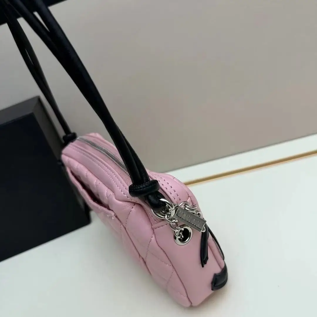 Pink Quilted Padded Leather Baguette Shoulder Bag, Contrast Black Leather Top Handle, Silver Hardware, Luxury Designer Inspired Women Mini Underarm Handbag