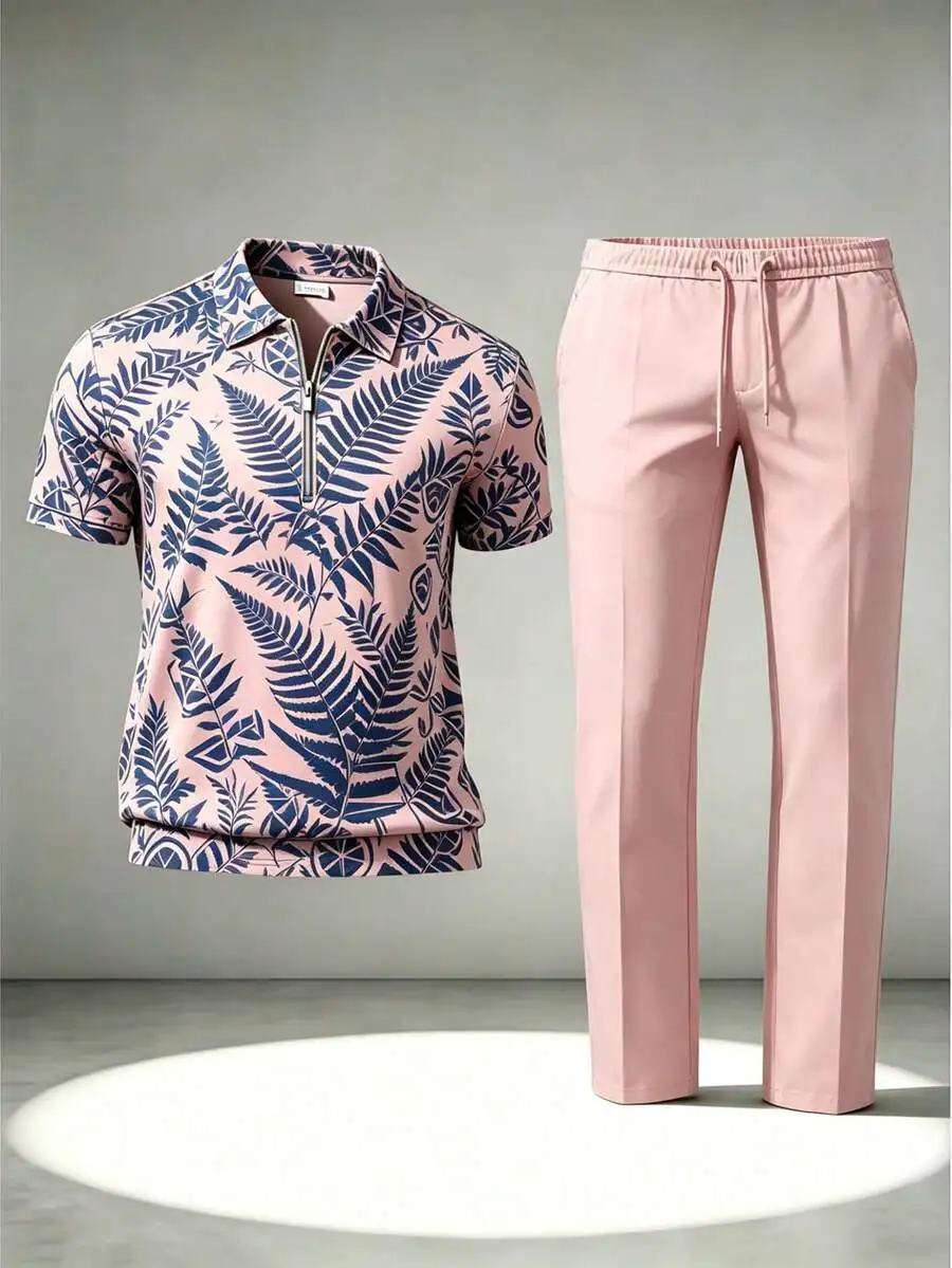 Mens Tropical Fern Print Quarter-Zip Shirt And Drawstring Pants Set
