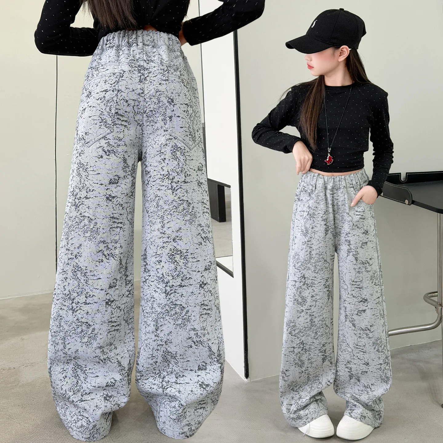 

Girls' Spring Autumn Jacquard Jeans New Loose - Fit Straight - Leg Denim Pants for Teens Aged 5-14Y ﻿