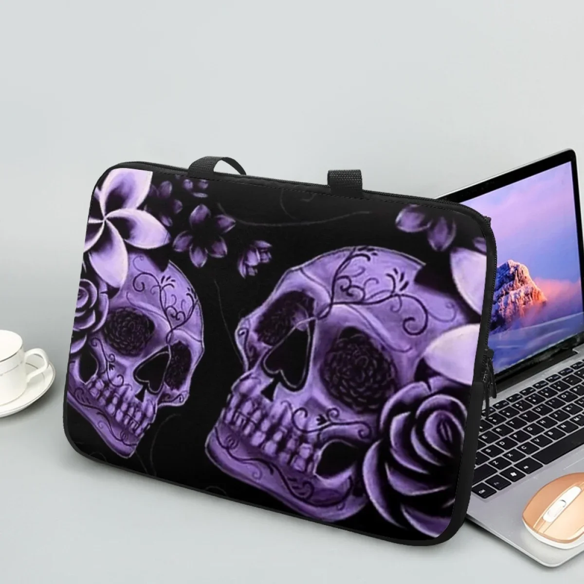 Purple Rose Skull Print Laptop Sleeve Protective Shoulder Handbags Carrying Bag Halloween Gift Zipper Briefcase Tablet Bag 2024