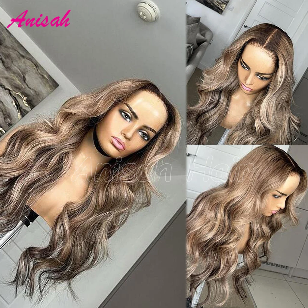 

Blonde Highlight Colored Body Wave HD Transparent Lace Frontal Closure Human Hair Wigs for Women Dark Roots Blonde Glueless Wig