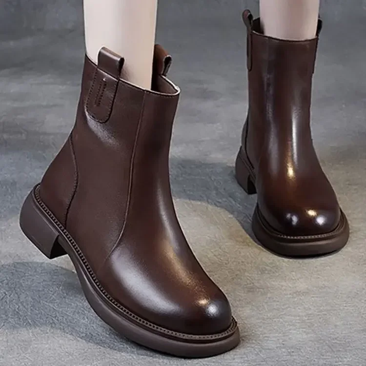 

Autumn and Winter New Soft Bottomed Women's Ankle Boots Plush Warm Leather Brown Casual Women Thick Low Heeled Short Boots