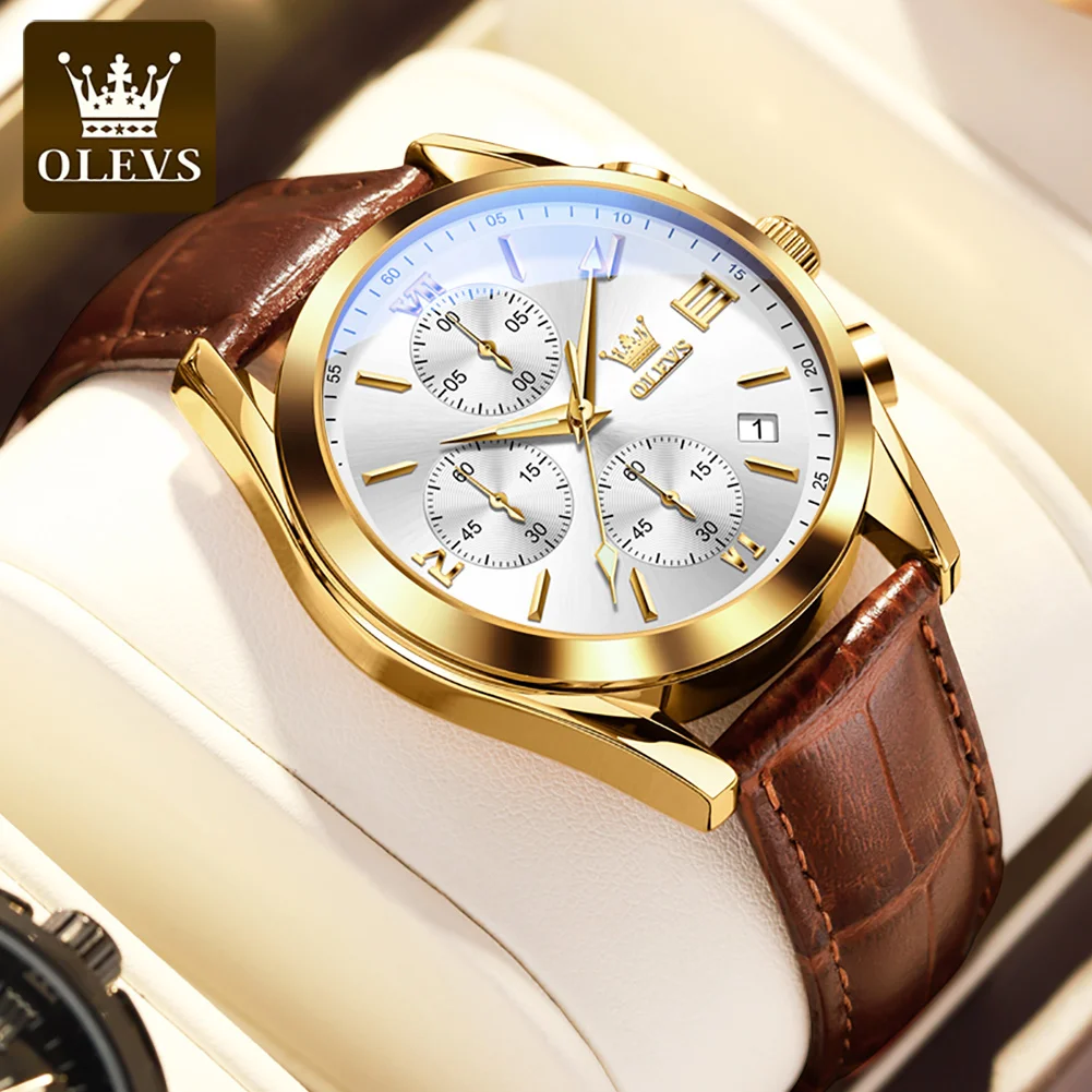 OLEVS 2872 Chronograph Men\'s Wristwatches Leather Strap Waterproof Luminous Original Quartz Watch for Men Luxury Sport Man Watch