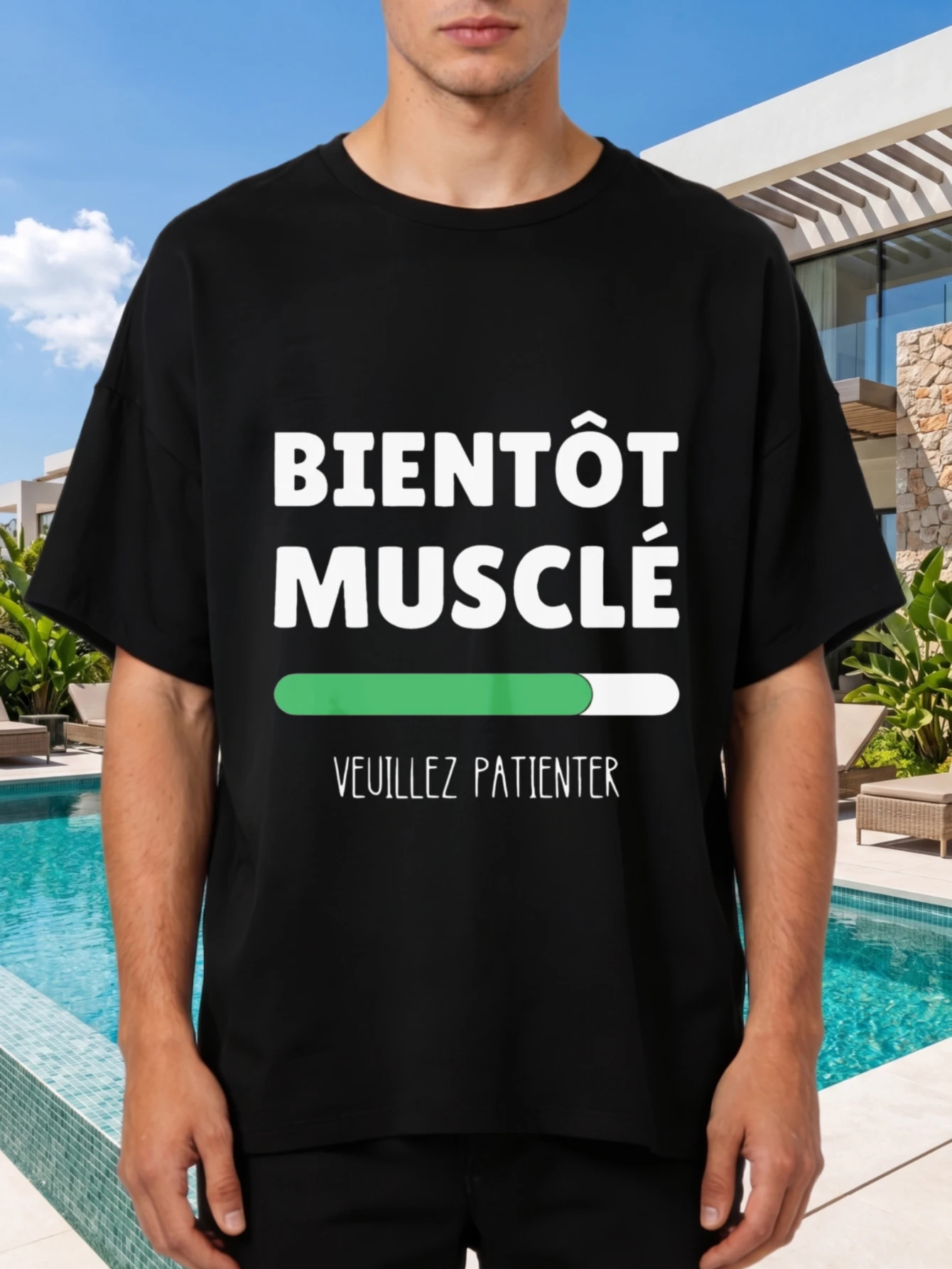1 pièce T-shirt 100% Coton à col rond et manches courtes, imprimé 'Bientot Muscle Veuillez Patienter Loading Bar', grande taille, confortable, pour usage décontracté, lavable en machine