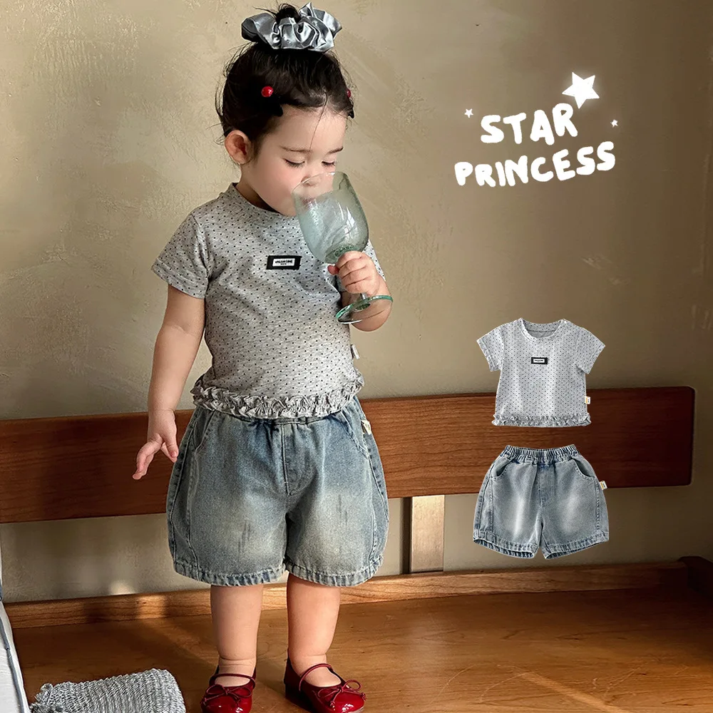 

Новая летняя футболка для девочек 2026 года с коротким рукавом в горошек, с милым кружевным декором, из хлопка, повседневная, для малышей, модные топы на каждый день