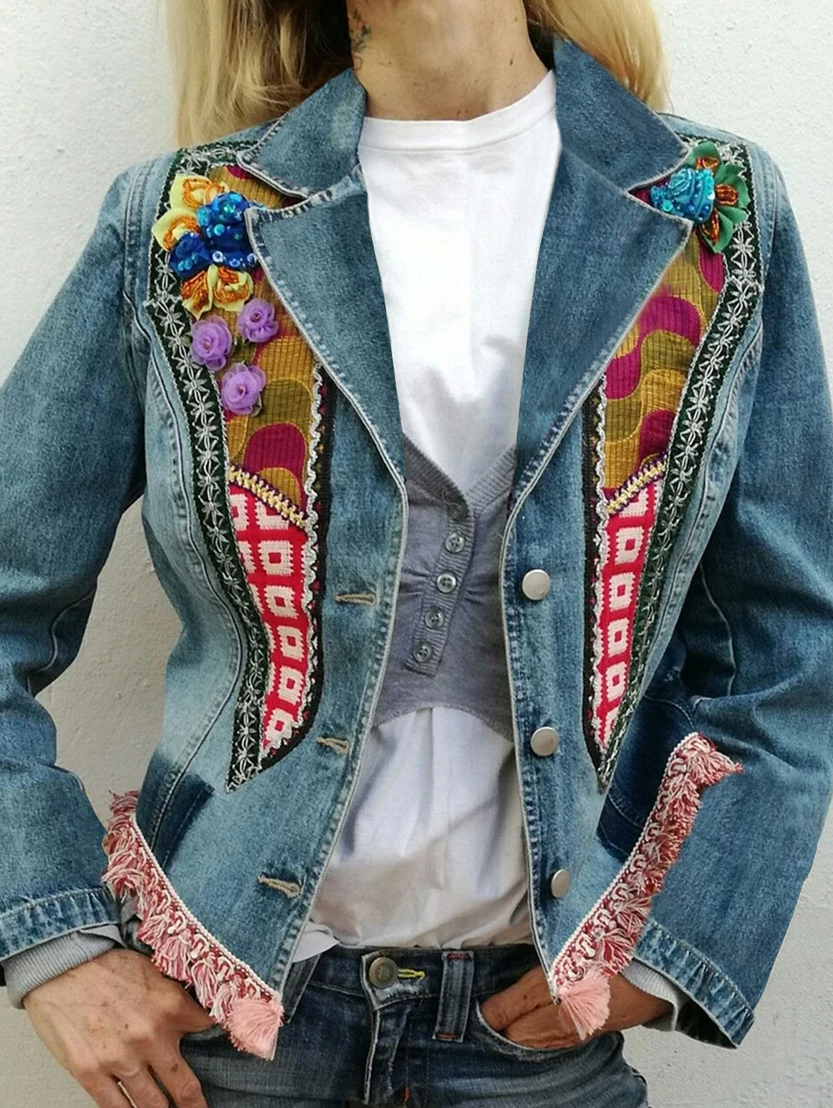 Fashion Boho Patchwork Long Sleeves Button Splicing Denim Jacket Women's Streetwear Daily Casual Female Lapel Blue Short Coat