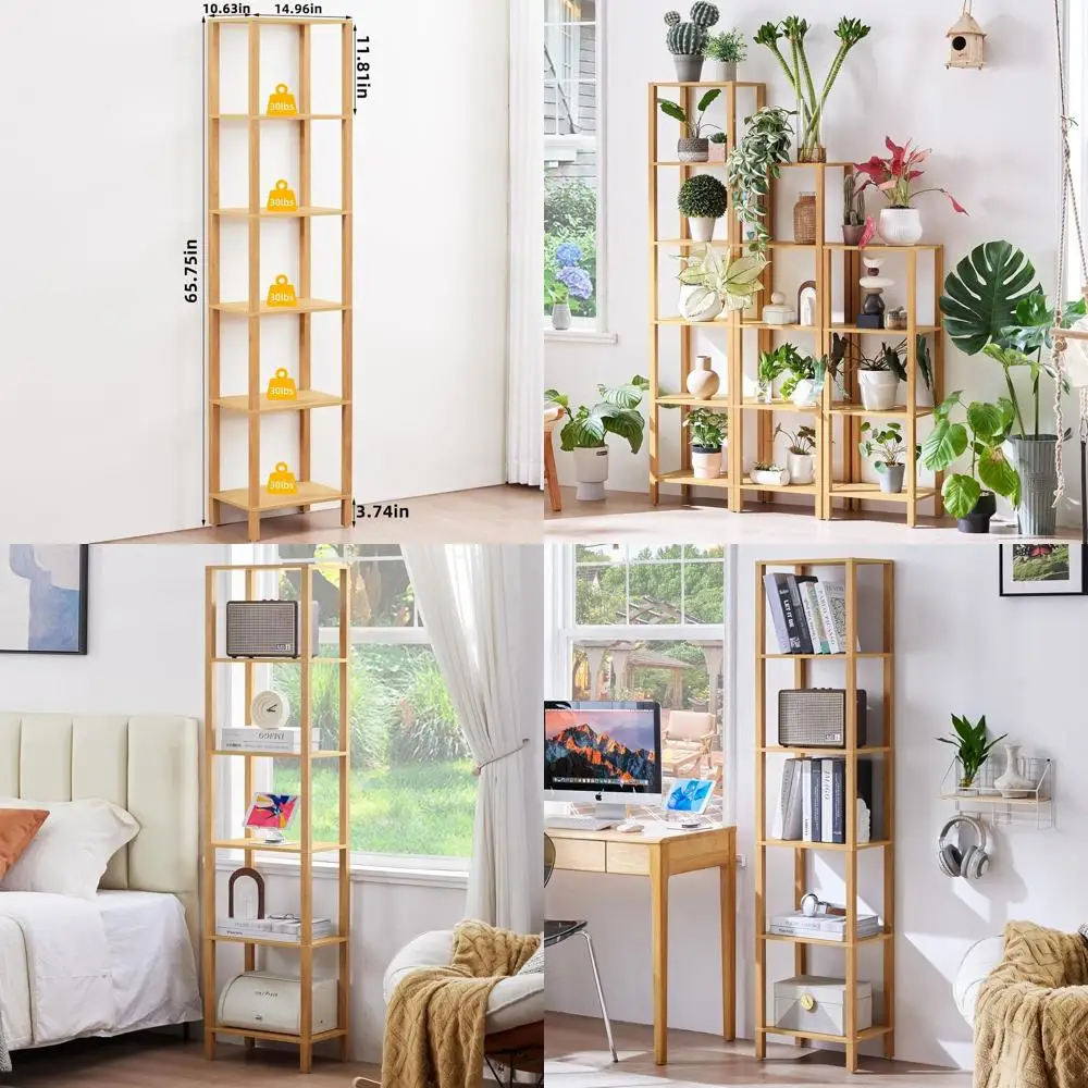 

Тонкая 6-ярусная деревянная книжная полка для небольших помещений, хранения и витрины в гостиной, естественная отделка