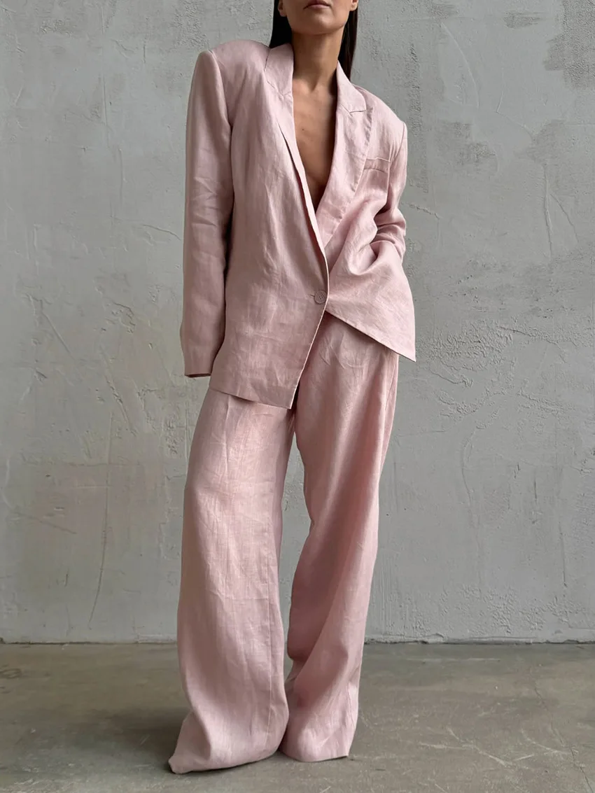 

2026 Spring New Casual Suit Set Women French Casual Fashion 100% Cotton Pink V-neck Blazer With Belt Wide Leg Pants 2 Pieces Set