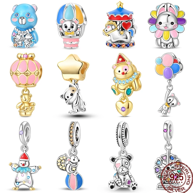 925 Sterling Silver Cute Circus Dress Flowers Plush Bachelor's Hat Bear Charms Beads Fit Pandora Original Bracelets DIY Jewelry