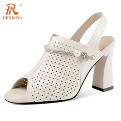 PRXDONG Fashion 2023 New Brand Summer Genuine Leather Shoes Woman Sandals High Heels Peep Toe Black Beige Dress Office Lady 39