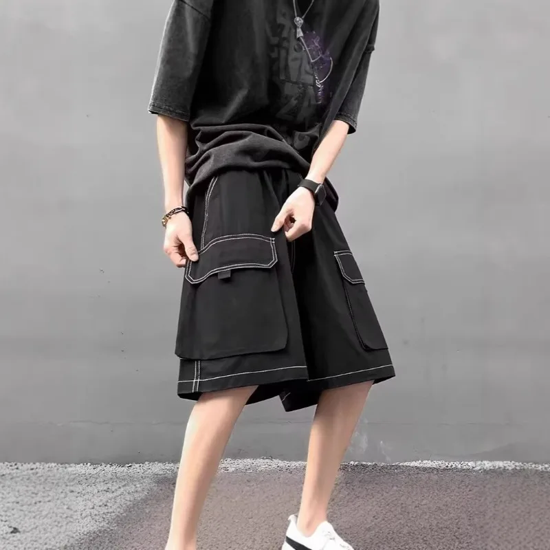 UNITIM Summer Men Cargo Shorts Streetwear Thin Striped Pocket Male Knee-length Pant Simple Solid Loose Sport Casual Man Shorts