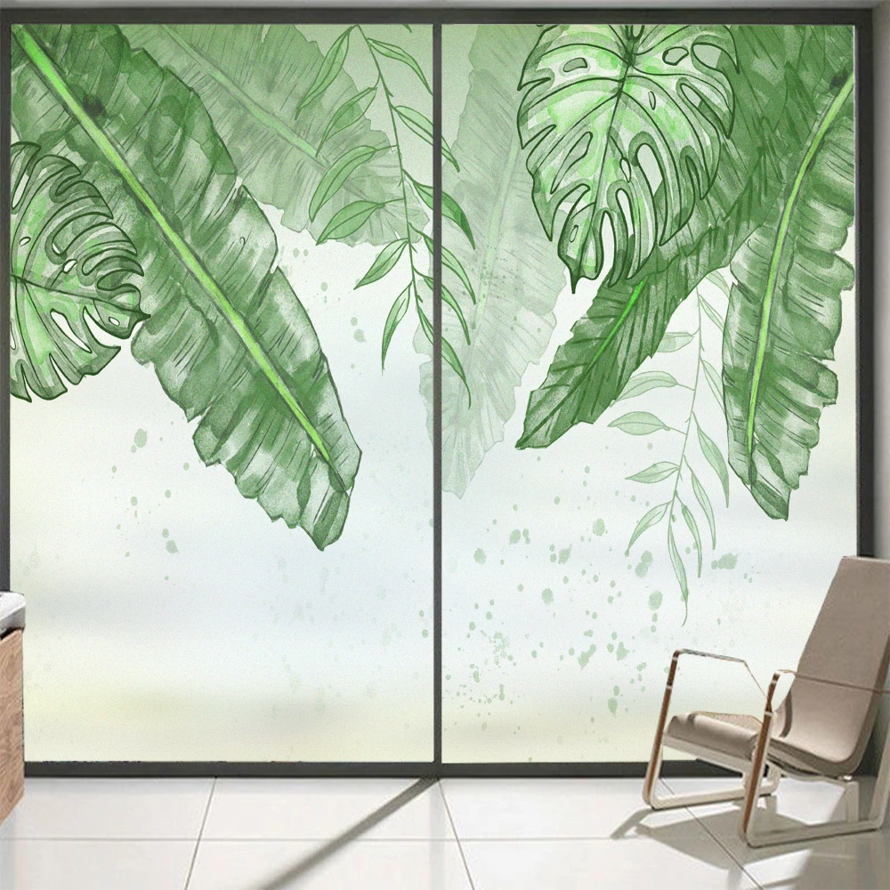 

Window Privacy Glass Film Green Plants Pattern Frosted Sliding Door Film Static Clings Non-Glue Anti UV Glass Decoration Sticker