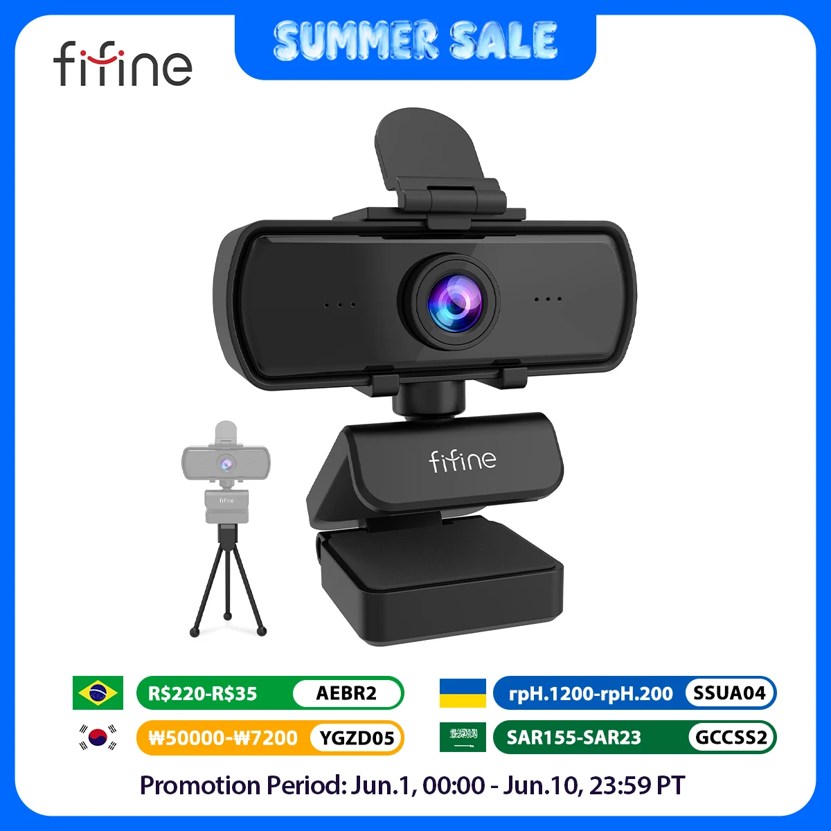 Webcam PC Full HD FIFINE 1440p avec Microphone, trépied, pour ordinateur de bureau et ordinateur portable USB, Webcam en Streaming en direct pour les appels vidéo-K420