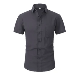 Cotton Line Hot Sale Men's Short-Sleeved Shirts Summer Solid Color  Turn-down collar Casual Beach Style Plus Size