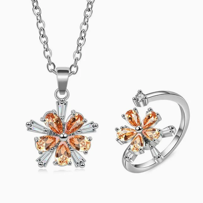 New Necklace Women's Rotatable Flower Ring Temperament Niche Design Decompression Jewelry Set Girl Friend Gifts KOFSAC