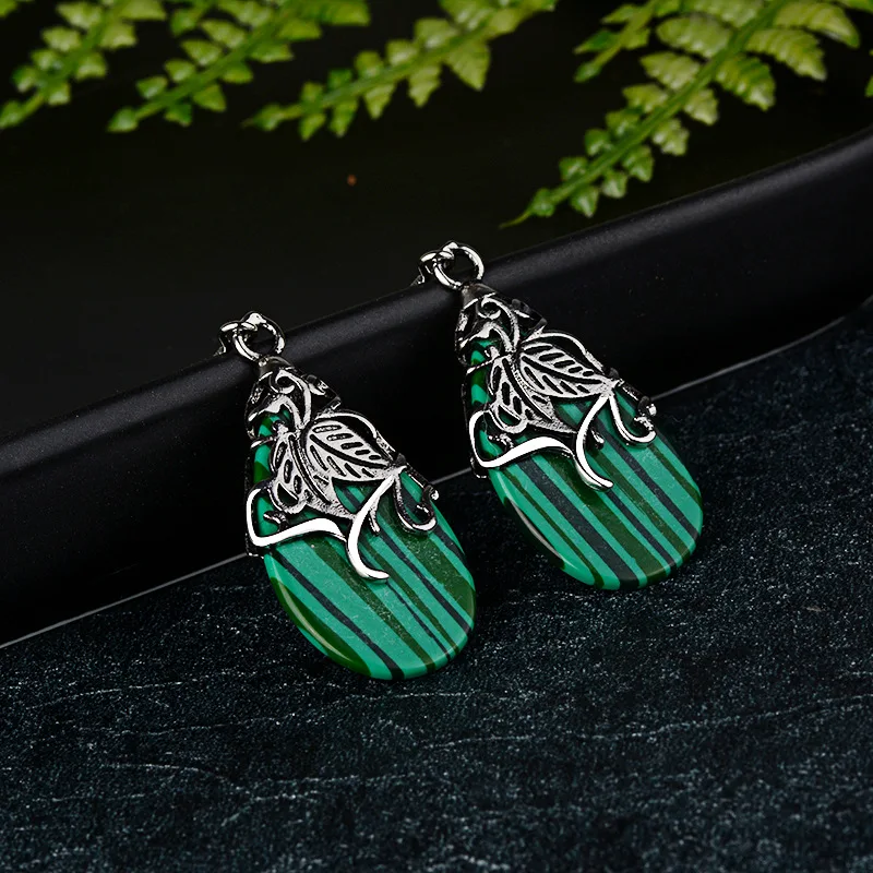 Natural Green Malachite Hand Carved Drop Earrings Fashion Jewelry Men\'s and Women\'s 925 Silver Inlaid Drop Earrings