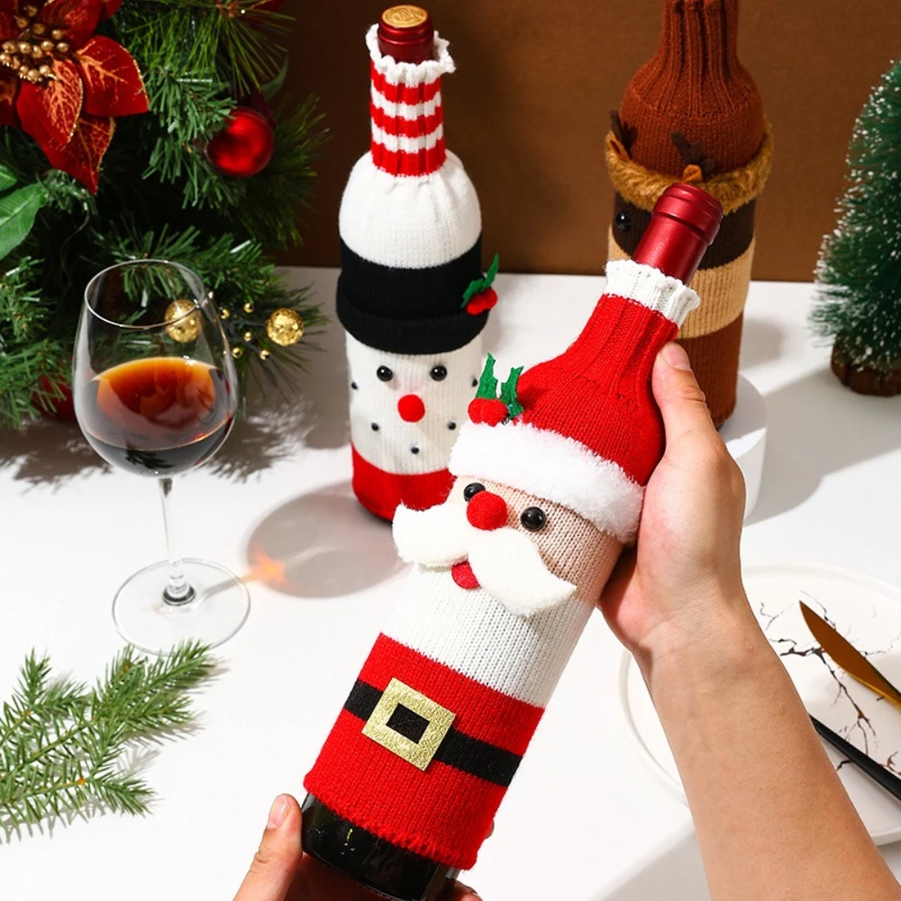 

Christmas Santa Knitted Wine Bottle Cover Colorful Cartoon Elk Snowman Red Wine Champagne Bottle Wrap 2025 Merry Christmas Gift