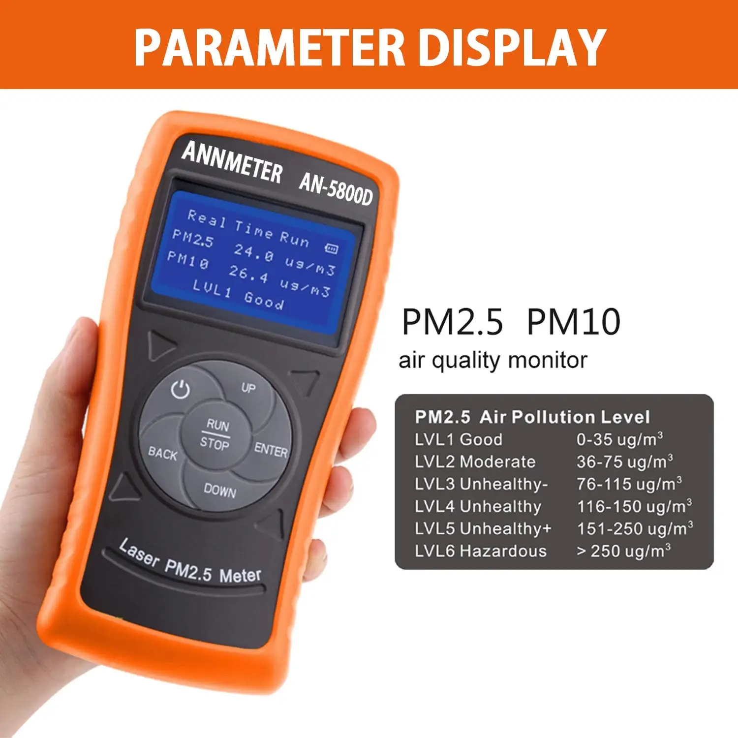 Air Quality Monitor-Laser PM 2.5/PM 10 Detector, Pollution Meter Sensor, Rechargeable Dust Particle Tester with Timing