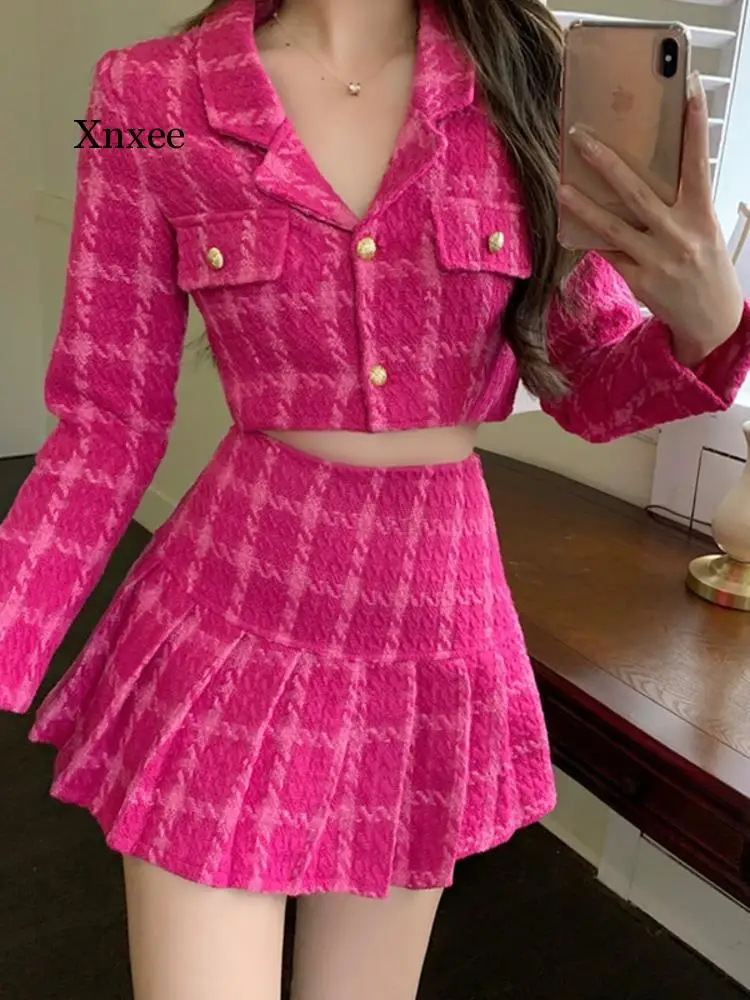 

Fall Small Fragrance Vintage Tweed Two Piece Set Women Crop Top Woolen Short Jacket Coat Mini Skirts Sets Sweet 2 Piece Suits