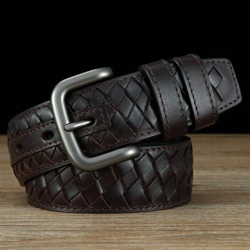 Handmade leather belt surface pure cowhide leather belt genuine leather silver needle buckle hand woven men\'s leather belt