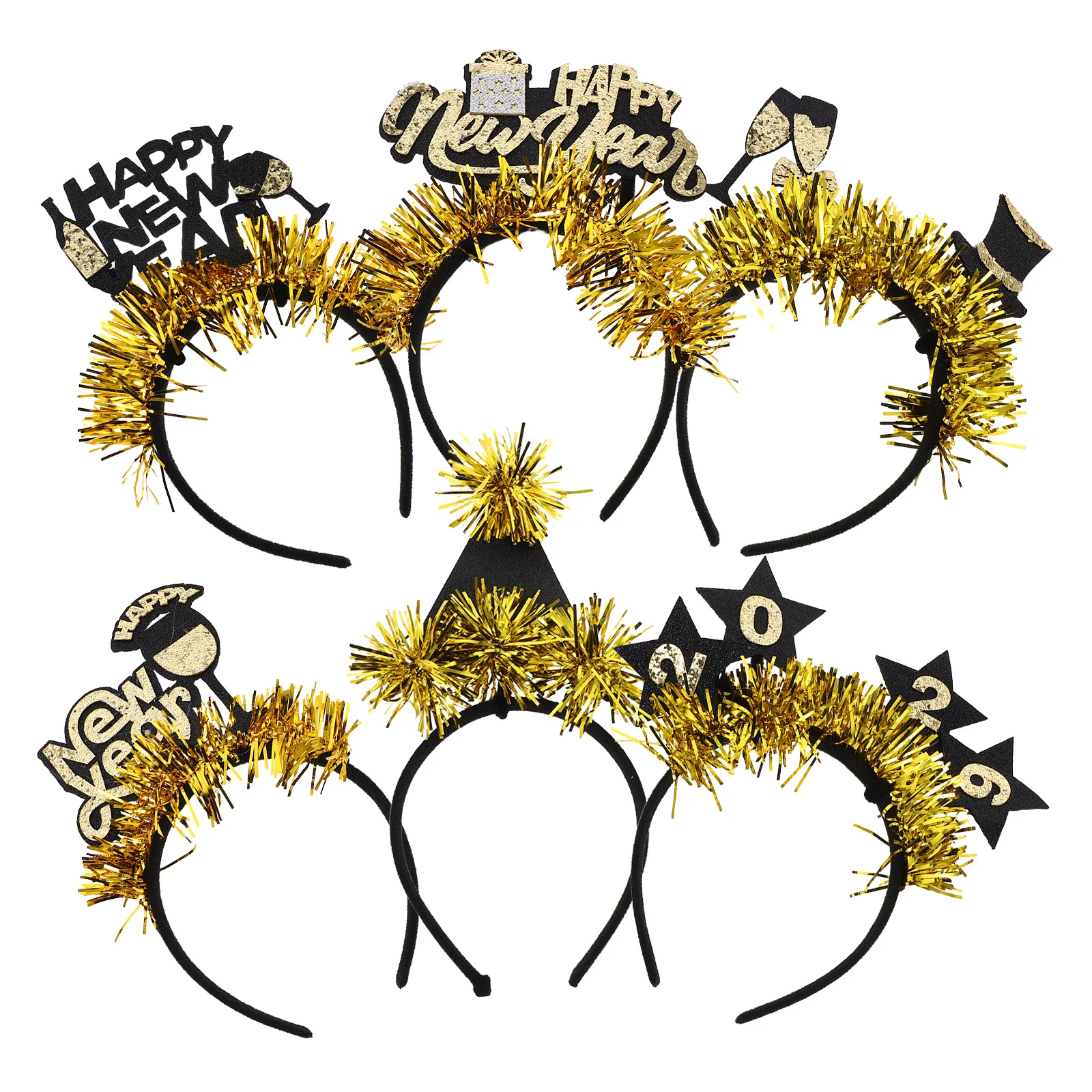 

6pcs New Year Party Headband Black Gold Star Design Festive Hair Accessories For Women Girls Nye Celebration Tassel Headwear