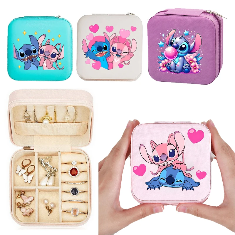 

STITCH DISNEY Jewelry Organizer Display Travel Jewelry Case Boxs Travel Portable Pink Leather Jewelry Storage Box Earring Holder