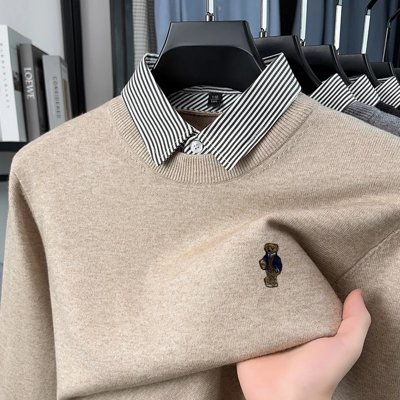 Exquisite Autumn Embroidery O-Neck Knit Sweater Color Block Fake Two Piece Shirt Collar Long Sleeve Tops Versatile Men's Clothin