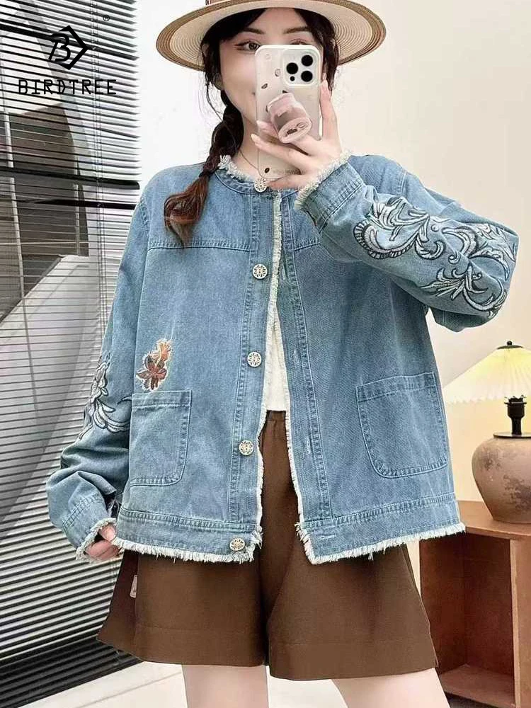 

New 2025 Autumn Long Sleeve Denim Coat, Women O Neck Embroidery Pocket, Mori Girl Vintage Prairie Chic Loose Jacket C59191CC