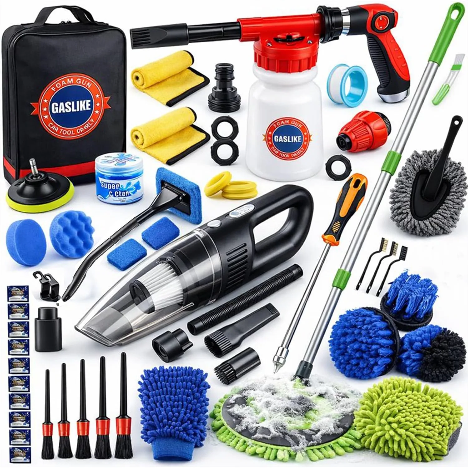 

63PCS Car Wash Cleaning Kit With Long Handle Brush Foam Gun Handheld Vacuum Car Detailing Supplies