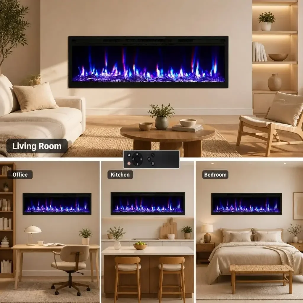 42Inch Electric Fireplace For Living Room Multi-color Fake Flame Electronic For Living Room Multi-color Fake Flame Electronic Recessed and Wall Mounted Heater Adjustable Brightness and 0.5-9H Timer