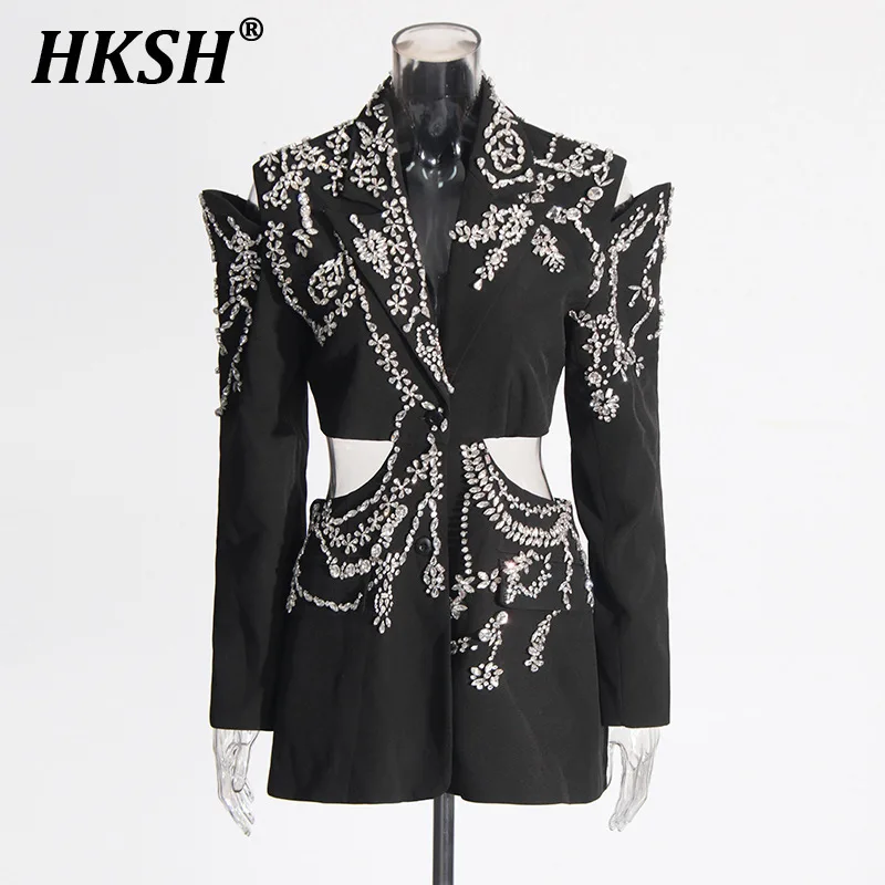 HKSH Sexy Stylish Coats 2025 Spring Autumn New Women Diamonds Nail Bead Heavy Waist Exposed High Sense Long Sleeve Blazer HK3760