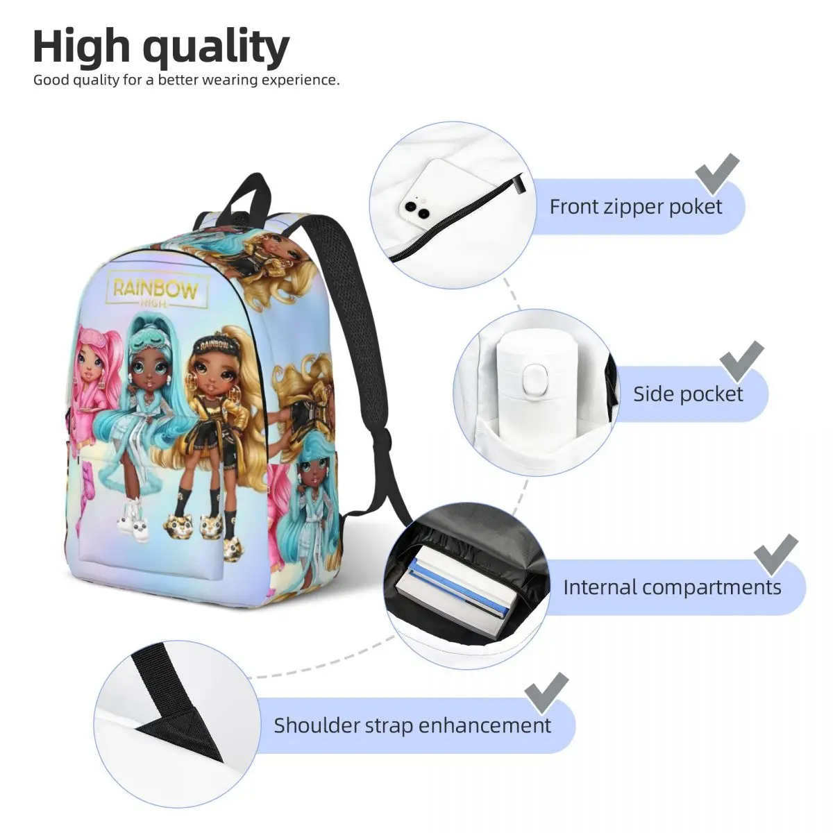 Rainbow High Slumber Party Backpack Middle High College School Student Bookbag Men Women Daypack Outdoor